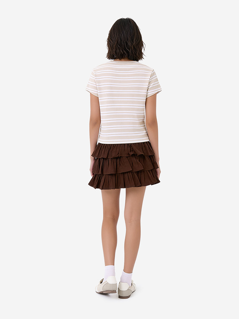 Girls Dark Brown Tiered High-Rise Cotton Skirt