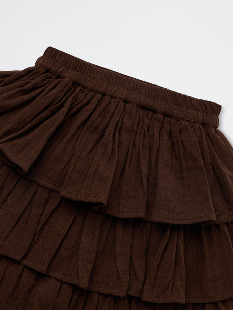 Girls Dark Brown Tiered High-Rise Cotton Skirt