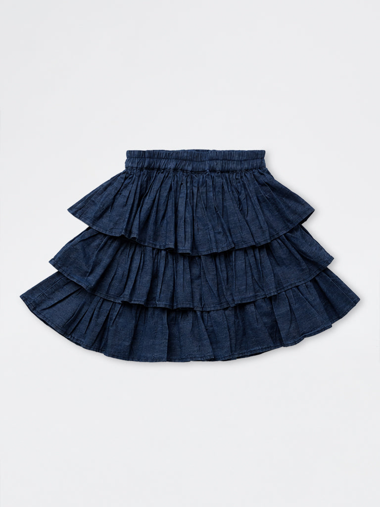 Girls Dark Blue Tiered High-Rise Denim Skirt