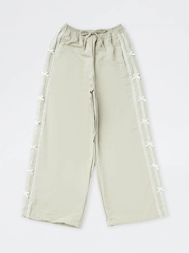Girls Light Grey Bow-Detail High-Rise Trousers