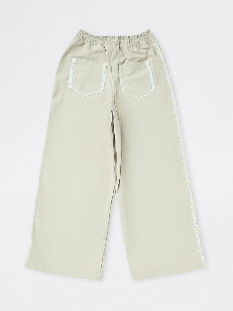 Girls Light Grey Bow-Detail High-Rise Trousers