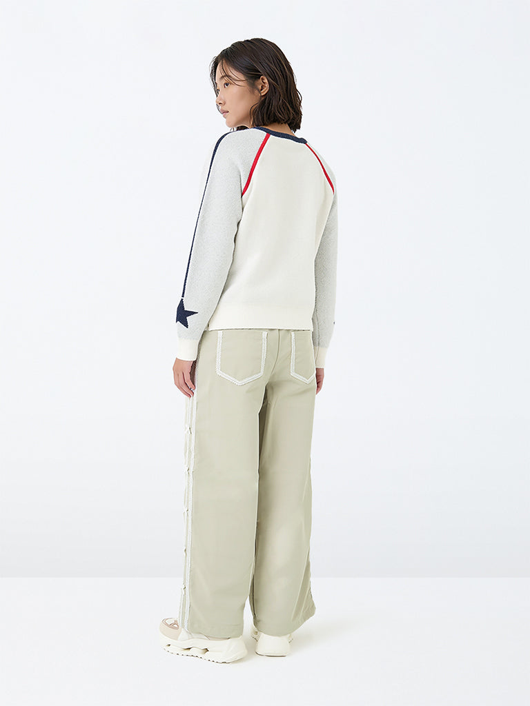 Girls Light Grey Bow-Detail High-Rise Trousers