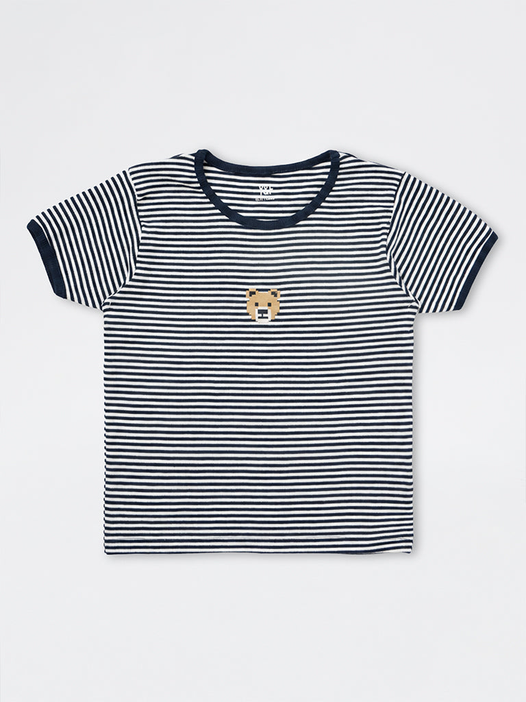 Girls Navy Striped Cotton-Blend T-Shirt