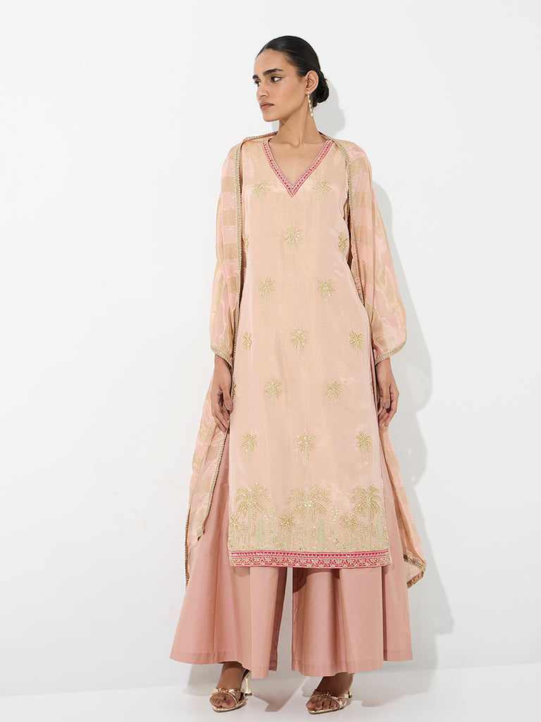 Vark Pink Tropical Embellished Straight Ethnic Set