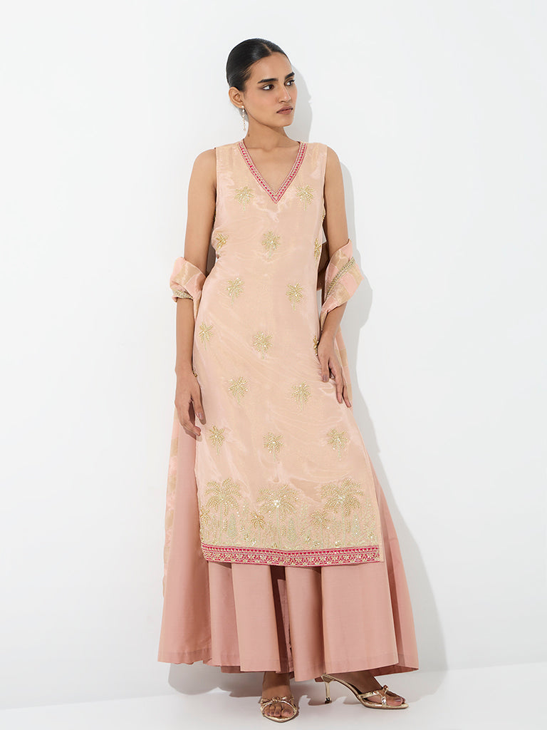 Vark Pink Tropical Embellished Straight Ethnic Set