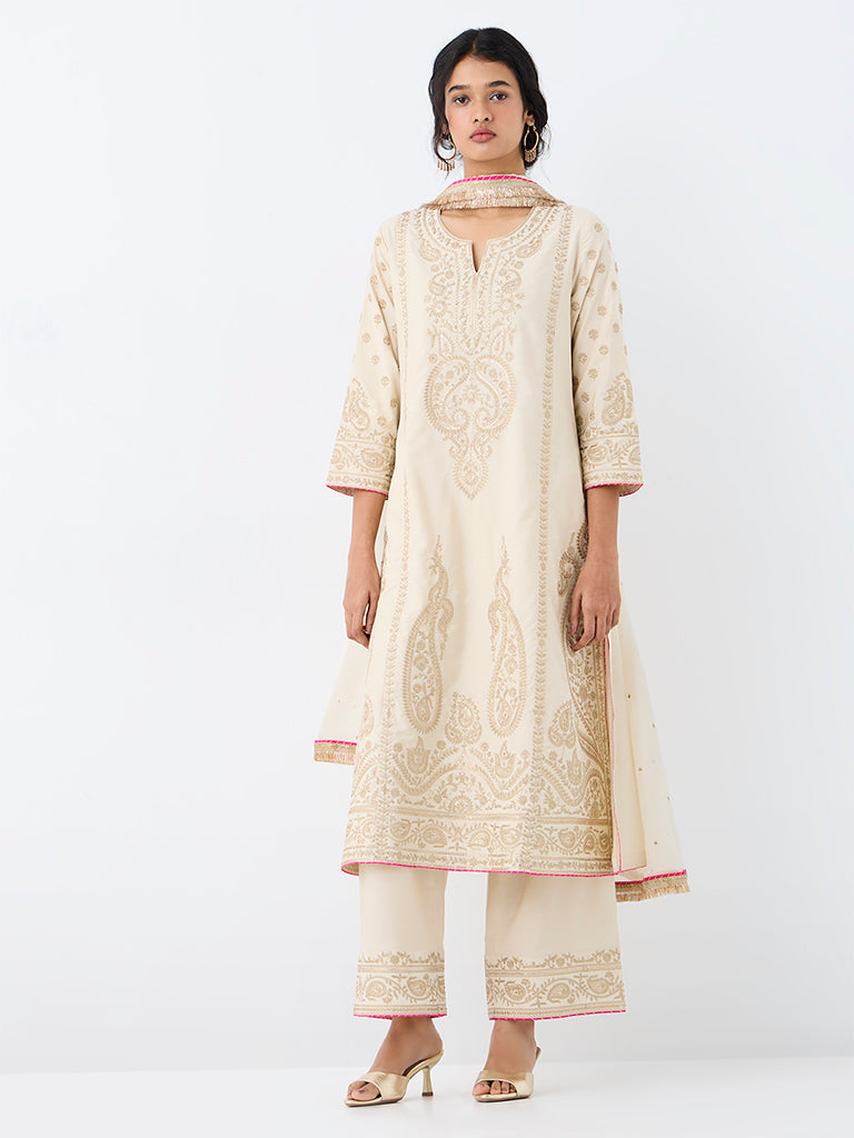 Vark Ivory Paisley Embroidered A-Line Ethnic Set