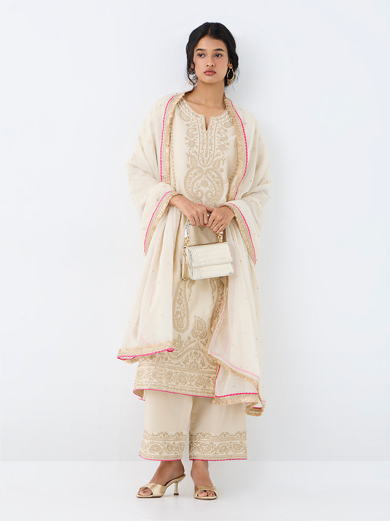Vark Ivory Paisley Embroidered A-Line Ethnic Set