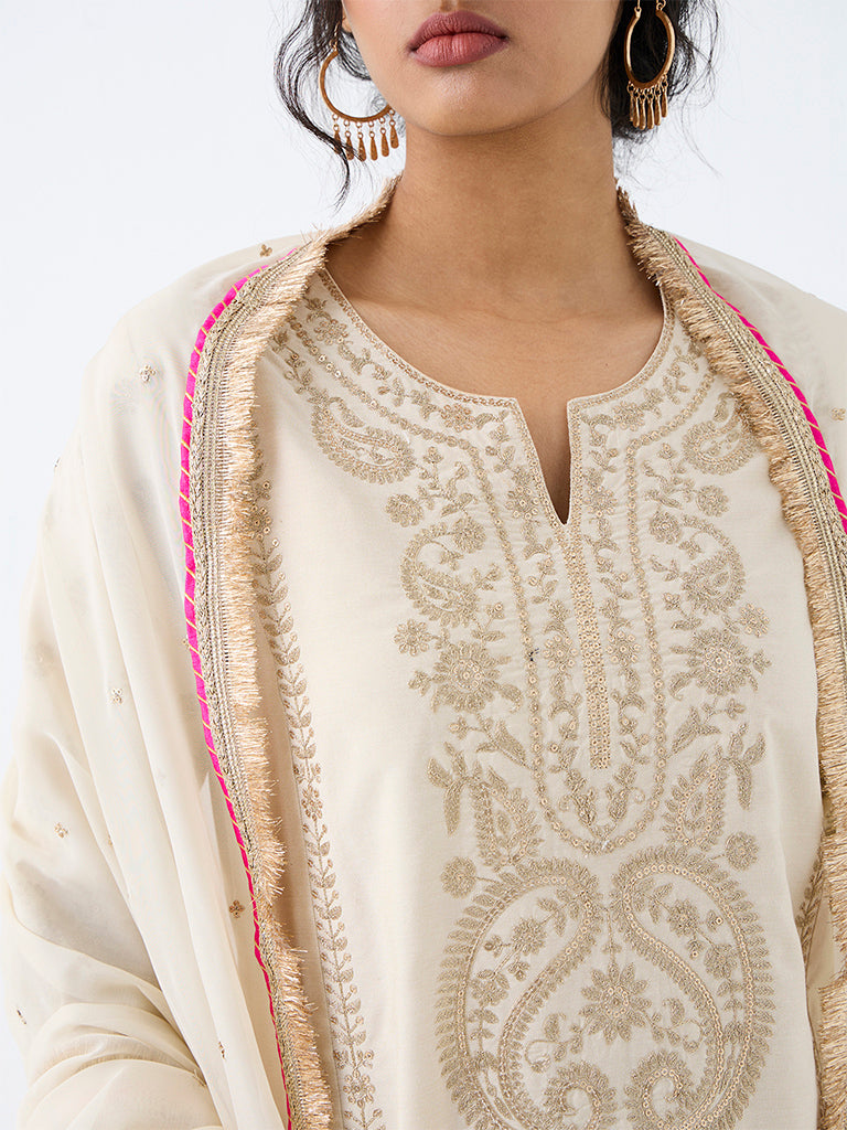 Vark Ivory Paisley Embroidered A-Line Ethnic Set