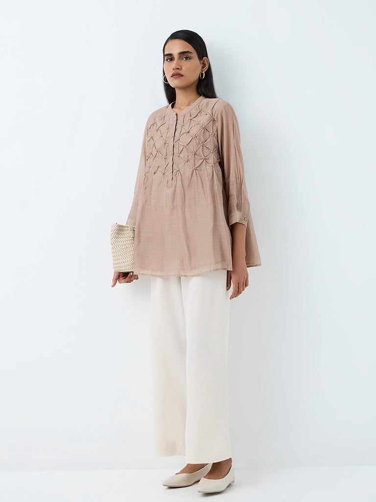 Zuba Off-White Solid Linen-Blend Pants