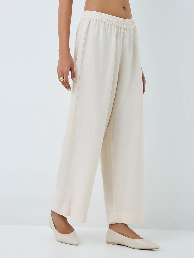 Zuba Off-White Solid Linen-Blend Pants