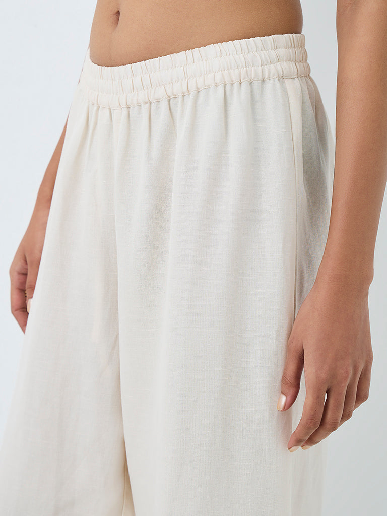 Zuba Off-White Solid Linen-Blend Pants