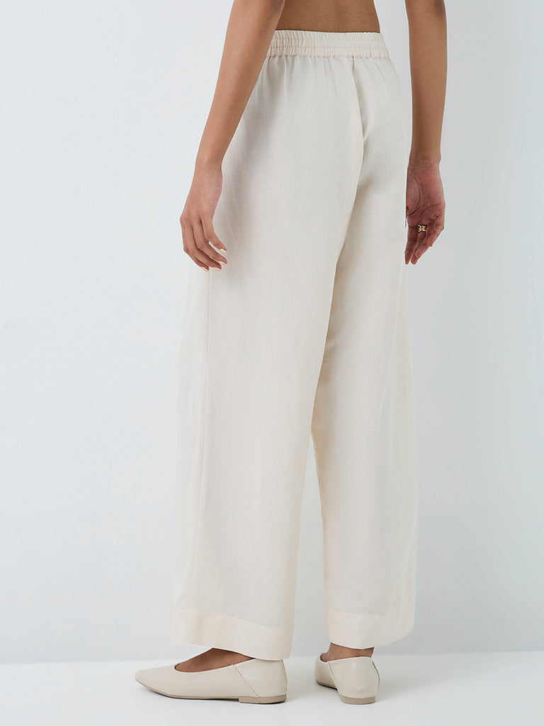 Zuba Off-White Solid Linen-Blend Pants
