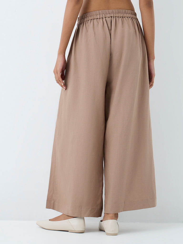 Zuba Dark Taupe Solid Linen-Blend Palazzos