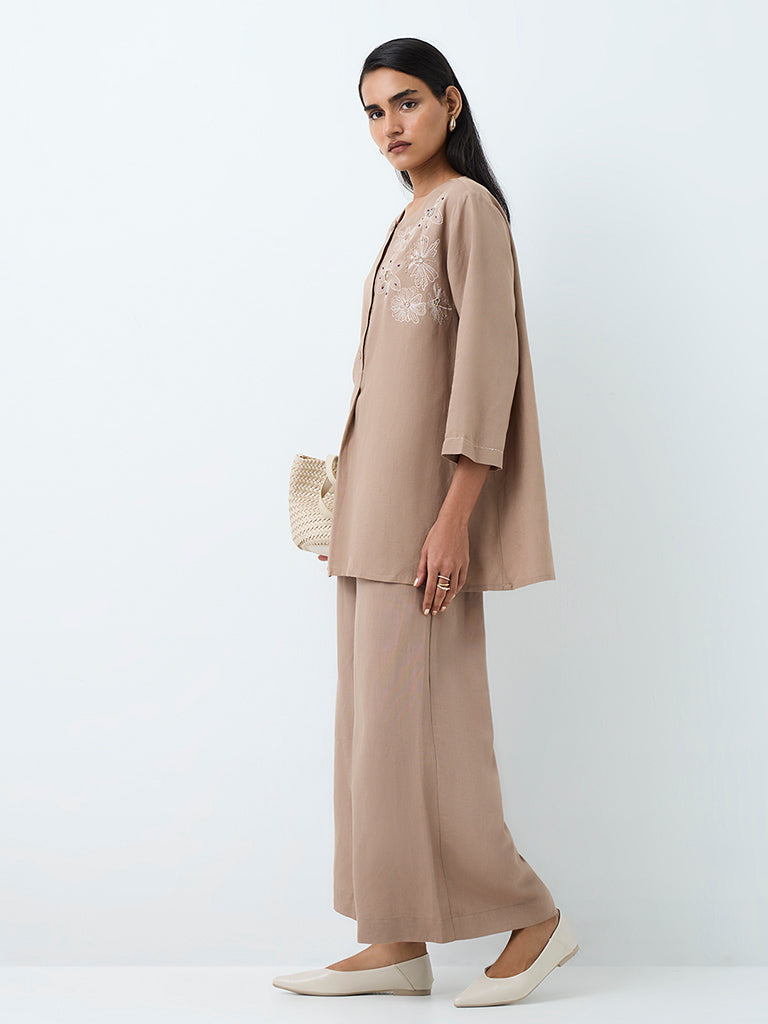 Zuba Dark Taupe Floral Embroidered Linen-Blend Tunic