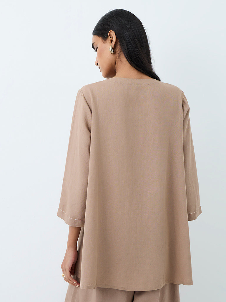 Zuba Dark Taupe Floral Embroidered Linen-Blend Tunic