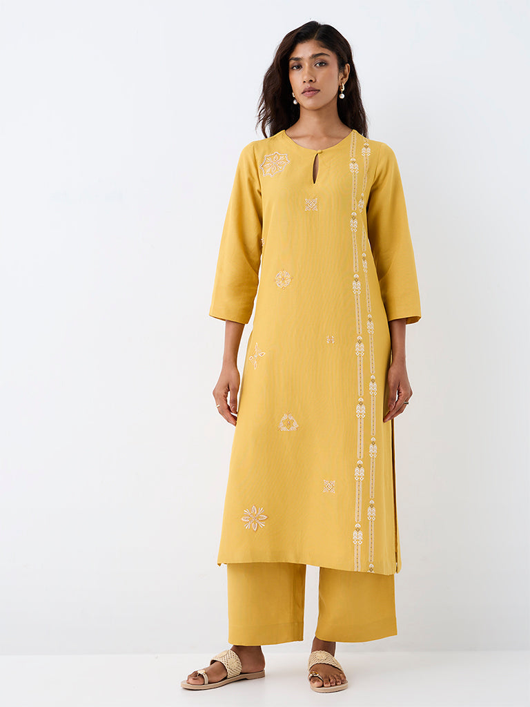 Zuba Mustard Floral Embroidered A-Line Kurta