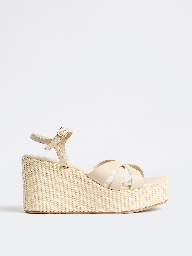 LUNA BLU Ivory Criss-Cross Strap Raffia Wedge Heel Sandals