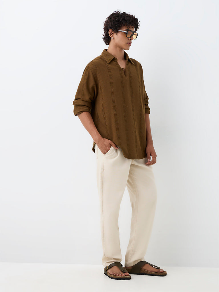 ETA Brown Waffle-Striped Relaxed-Fit Cotton-Blend Shirt