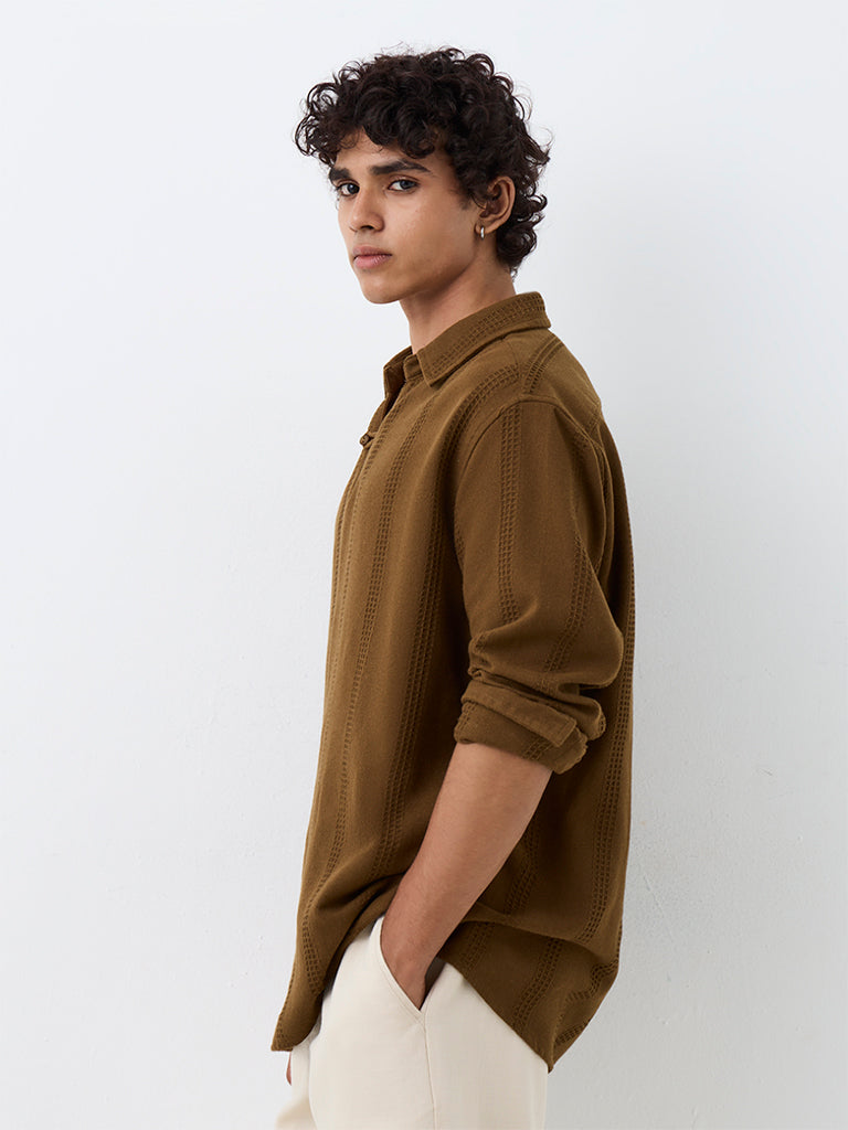 ETA Brown Waffle-Striped Relaxed-Fit Cotton-Blend Shirt