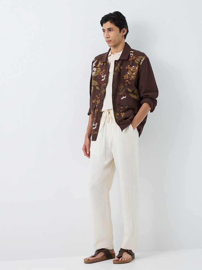 ETA Dark Brown Floral Embroidered Relaxed-Fit Cotton Shirt