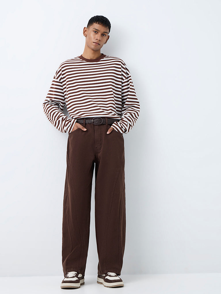 Nuon Dark Brown Solid Barrel-Fit Mid-Rise Jeans