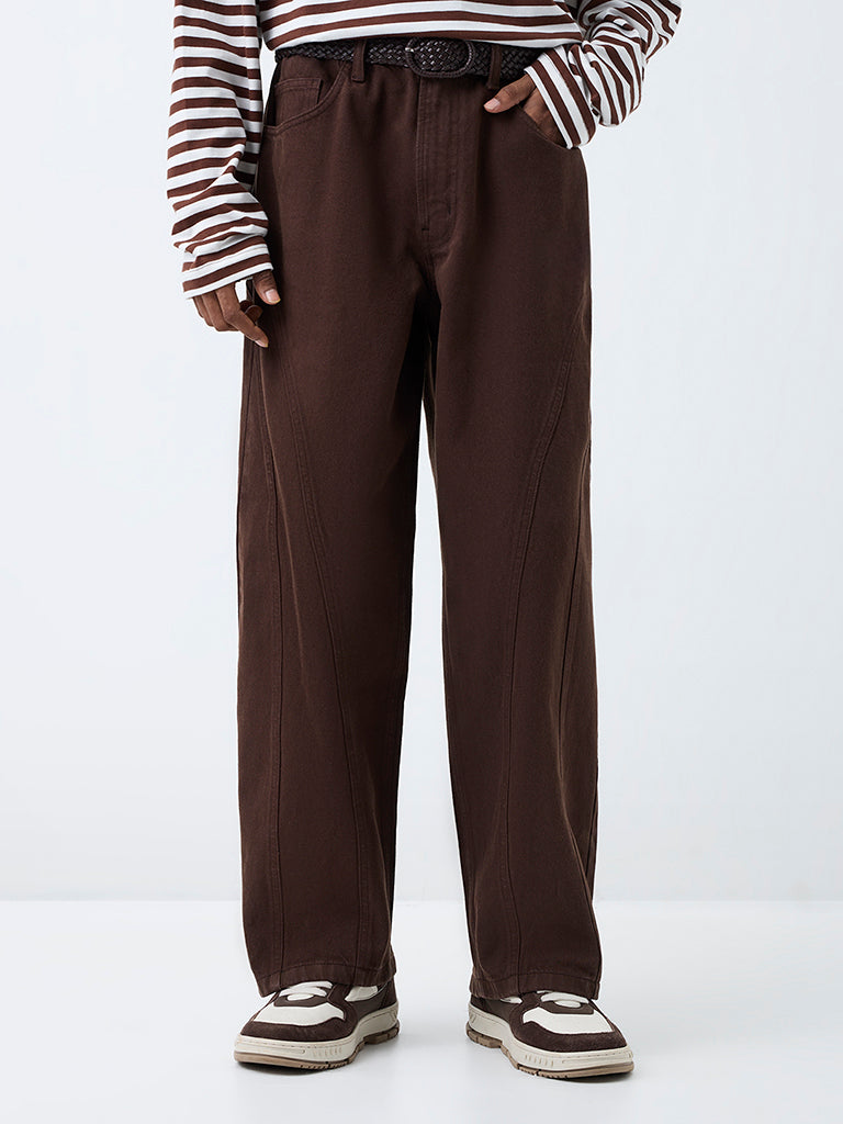 Nuon Dark Brown Solid Barrel-Fit Mid-Rise Jeans