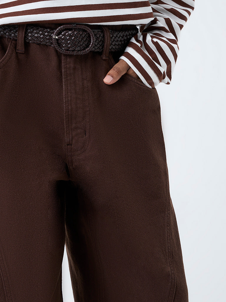 Nuon Dark Brown Solid Barrel-Fit Mid-Rise Jeans