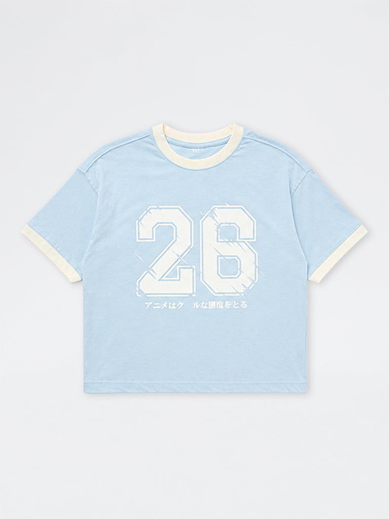 Boys Light Blue Numerical Printed Cotton T-Shirt