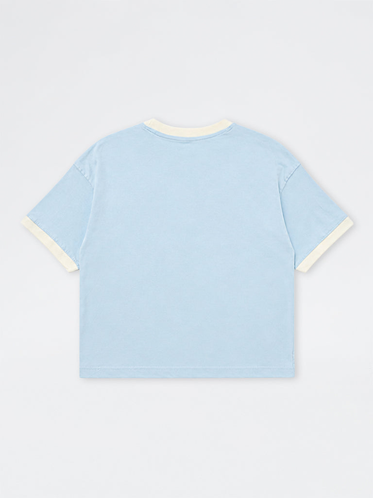 Boys Light Blue Numerical Printed Cotton T-Shirt