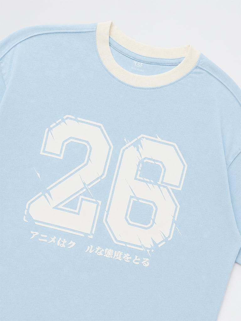 Boys Light Blue Numerical Printed Cotton T-Shirt