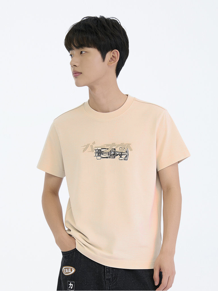 Boys Light Beige Graphic Printed Cotton T-Shirt