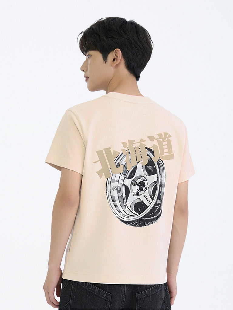 Boys Light Beige Graphic Printed Cotton T-Shirt