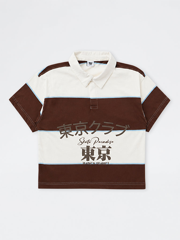 Boys Brown Striped Cotton Polo T-Shirt