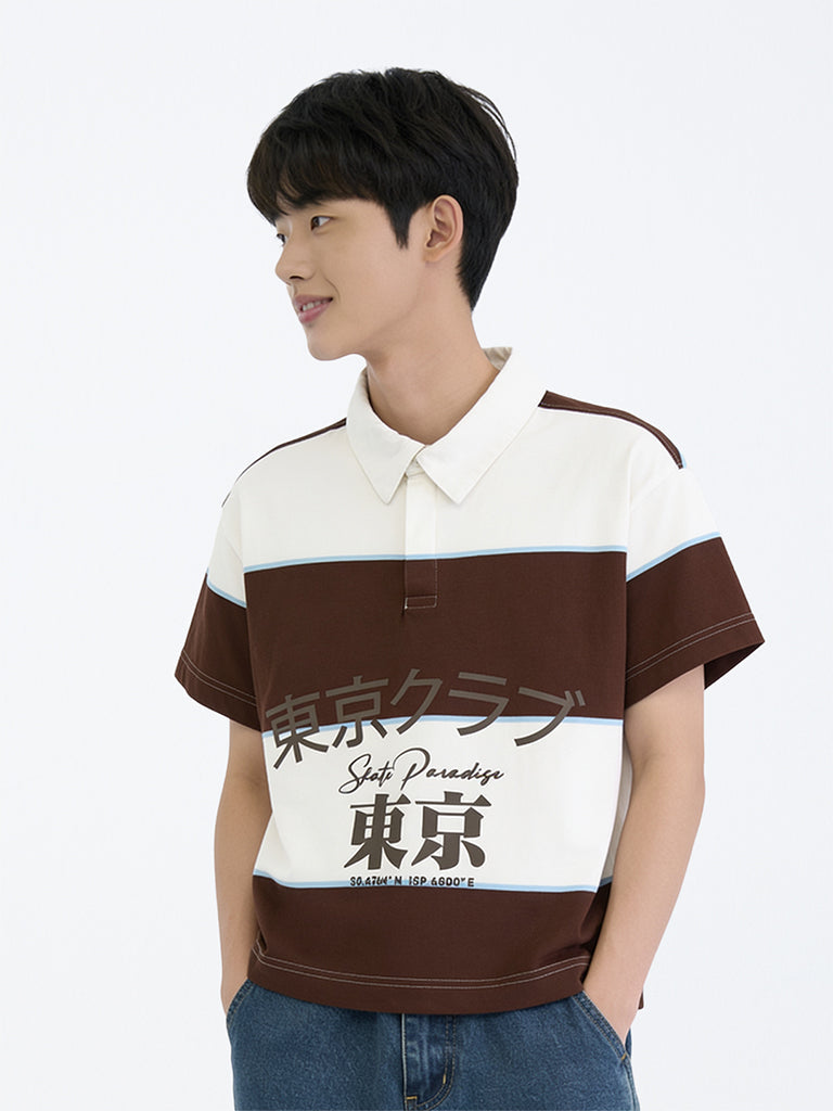 Boys Brown Striped Cotton Polo T-Shirt