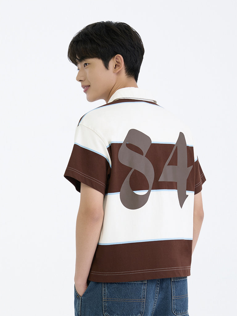 Boys Brown Striped Cotton Polo T-Shirt