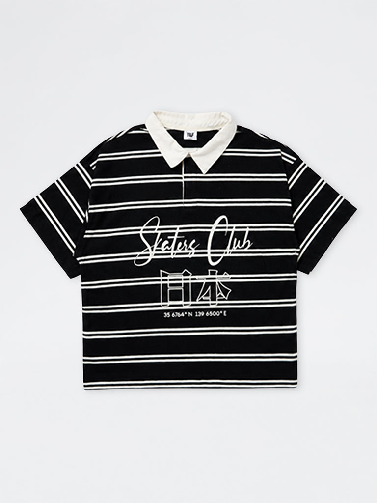 Boys Black Striped Cotton Polo T-Shirt