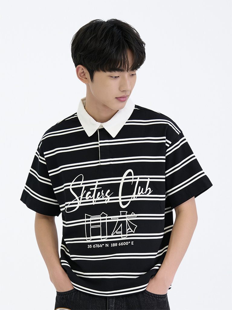 Boys Black Striped Cotton Polo T-Shirt