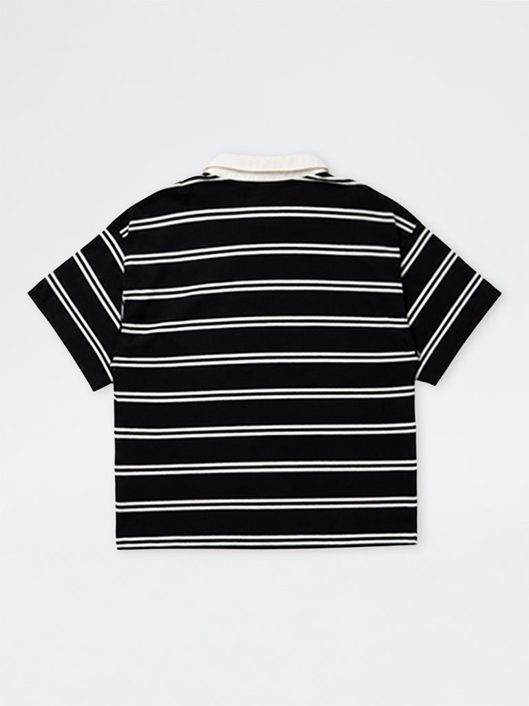 Boys Black Striped Cotton Polo T-Shirt