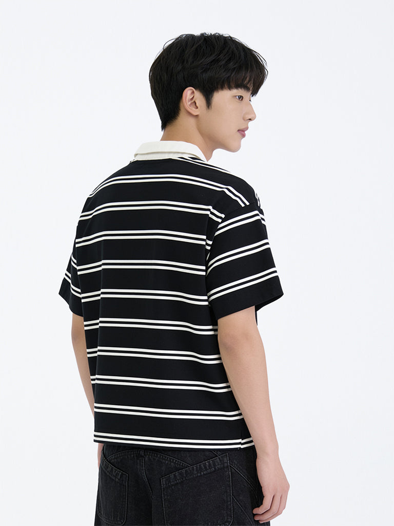 Boys Black Striped Cotton Polo T-Shirt