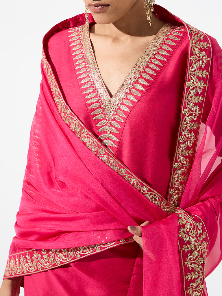 Vark Pink Botanical Embroidered Straight Ethnic Set