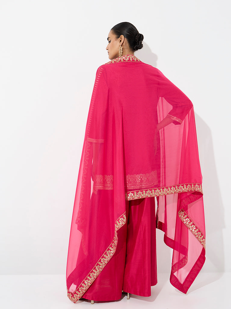 Vark Pink Botanical Embroidered Straight Ethnic Set