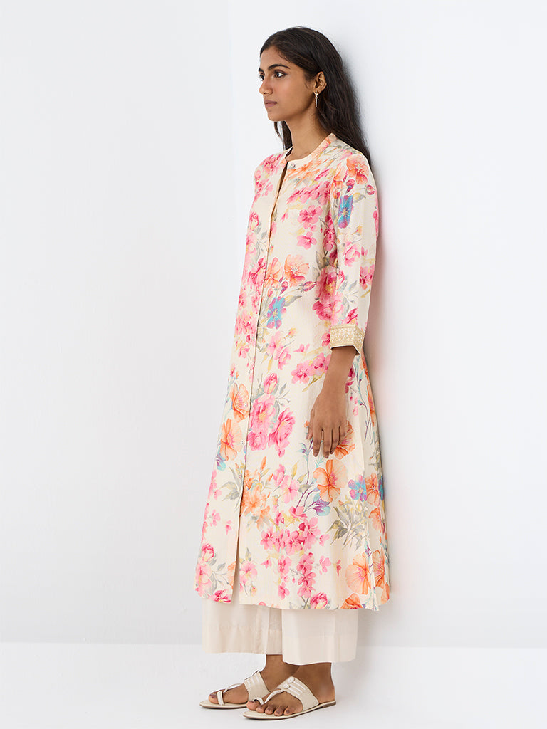 Utsa Off-White Floral Printed A-Line Kurta