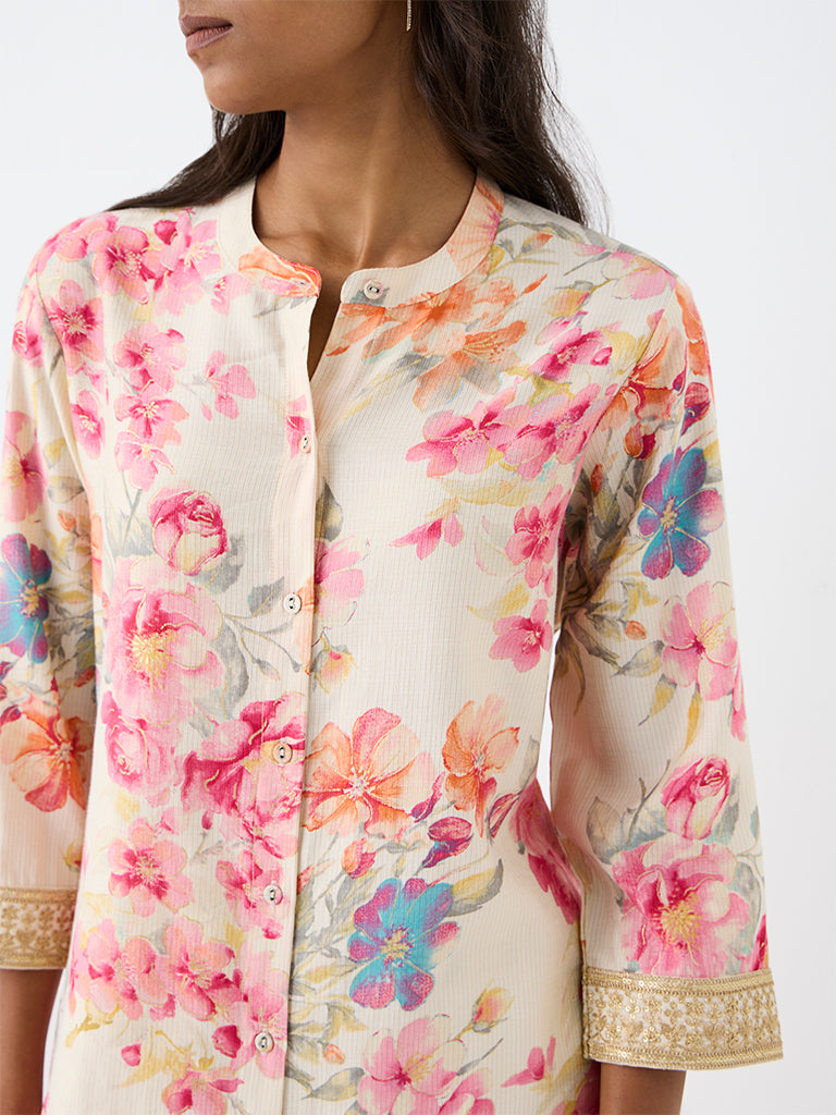 Utsa Off-White Floral Printed A-Line Kurta