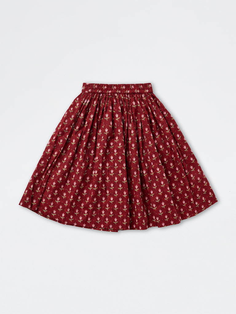 Utsa Kids Girls Red Floral Printed Cotton-Blend Skirt - (2-8 yrs)