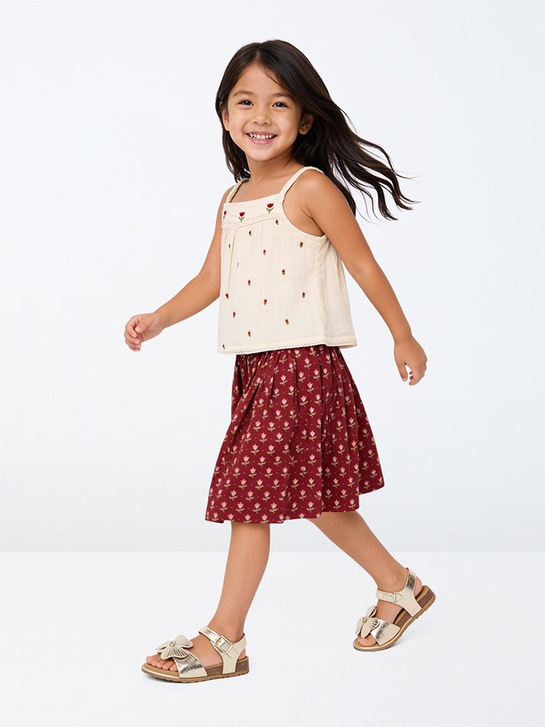 Utsa Kids Girls Red Floral Printed Cotton-Blend Skirt - (2-8 yrs)