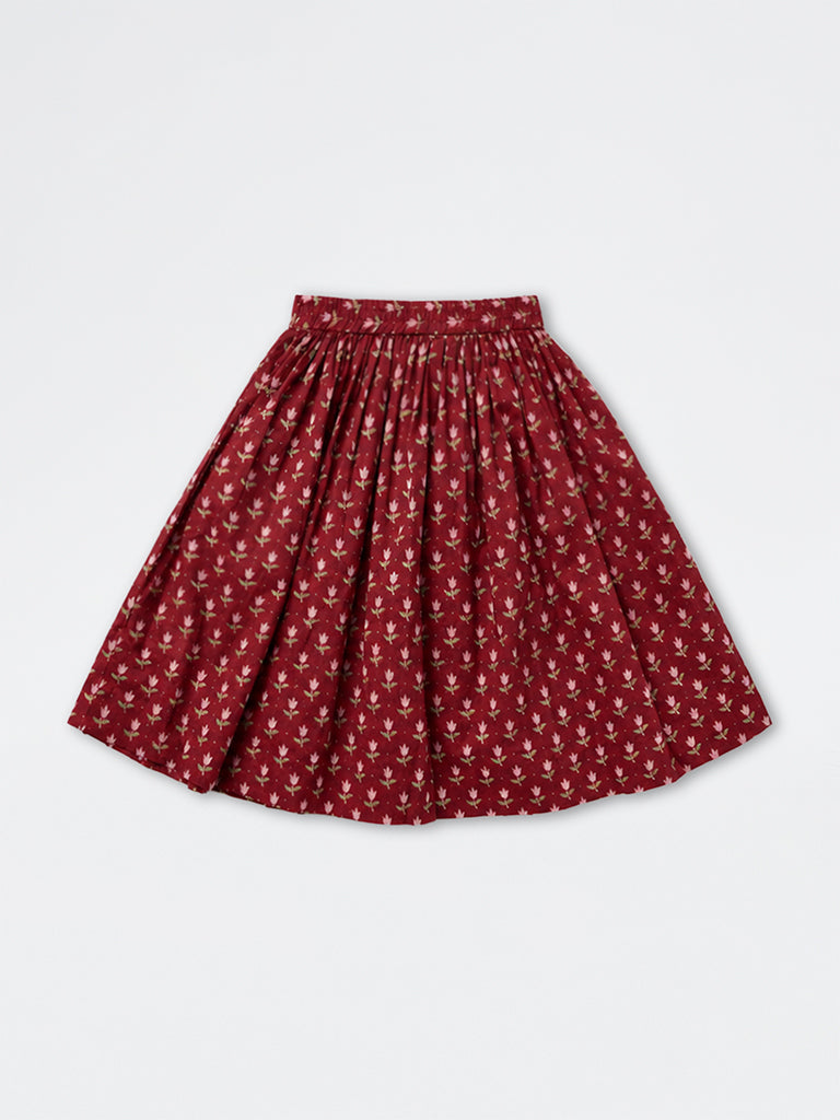 Utsa Kids Girls Red Floral Printed Cotton-Blend Skirt - (2-8 yrs)