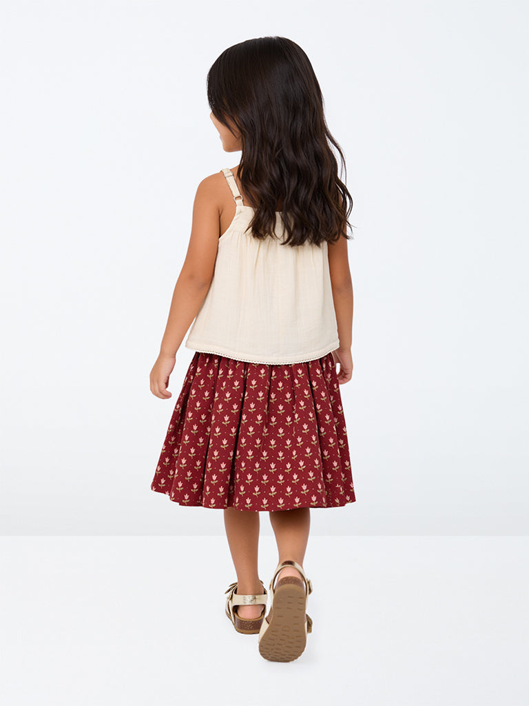 Utsa Kids Girls Red Floral Printed Cotton-Blend Skirt - (2-8 yrs)
