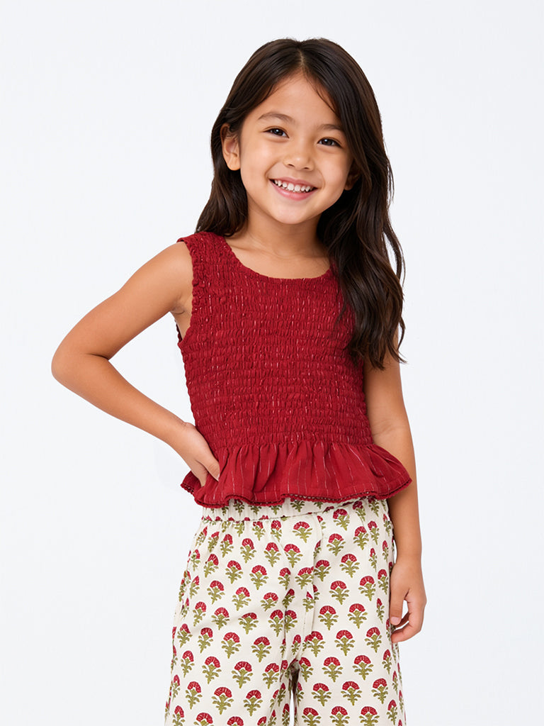 Utsa Kids Girls Red Smocked Cotton-Blend Top - (8-14 yrs)