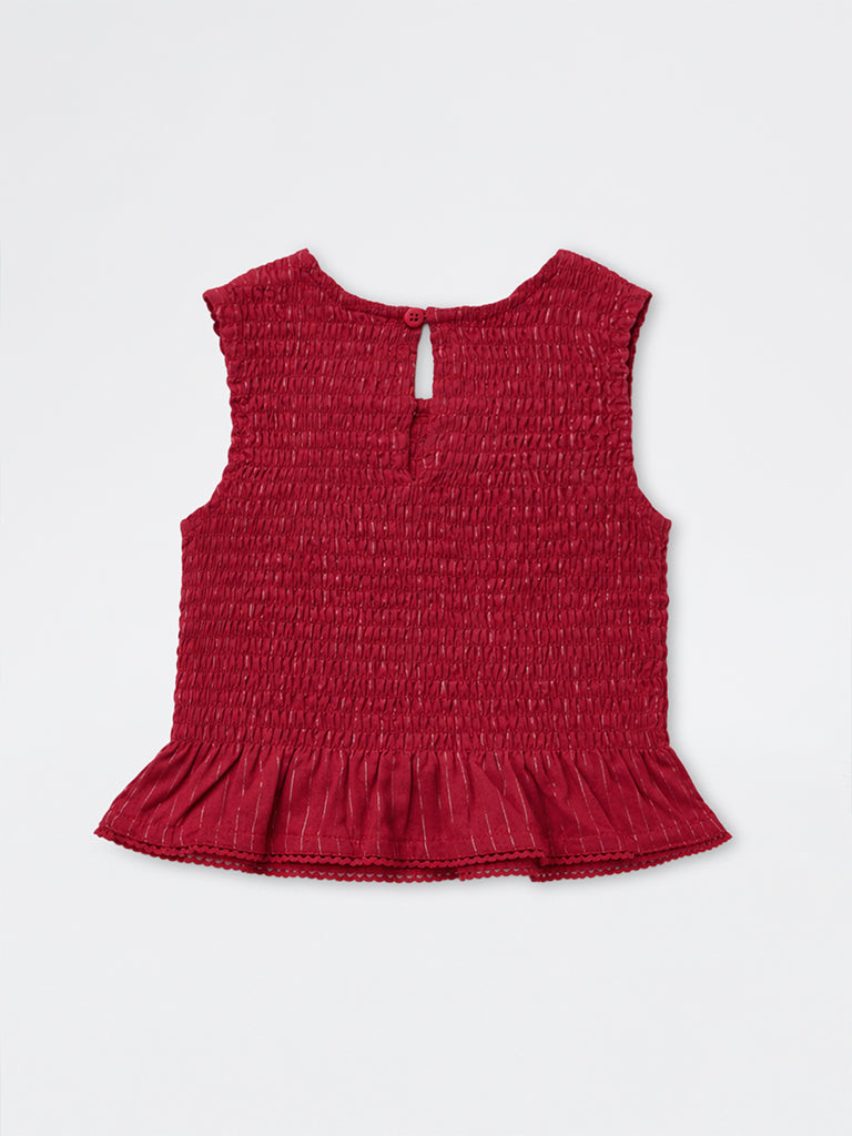 Utsa Kids Girls Red Smocked Cotton-Blend Top - (8-14 yrs)