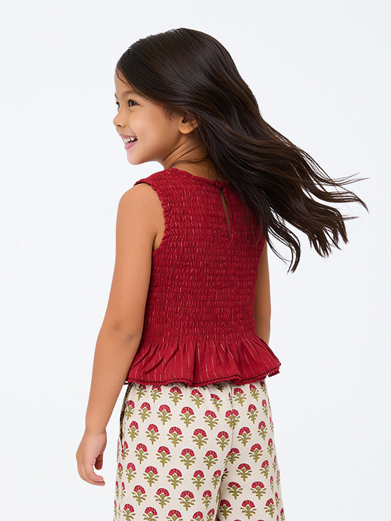 Utsa Kids Girls Red Smocked Cotton-Blend Top - (8-14 yrs)